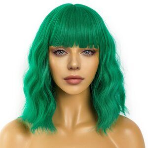 Women Green Loose Wavy Wig Curly Wavy Shoulder Length Bob